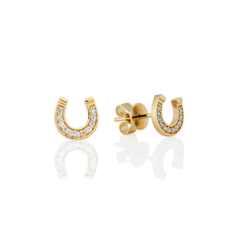 18ct Solid Gold Equestrian Dazzling Diamond Horse Shoe Stud Earrings